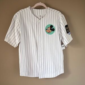 Disney White Pinstripe Jersey with Multicolor Mickey & Friends Patch